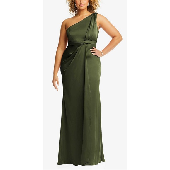 Dessy Collection Dresses & Skirts - NWT Dessy One Shoulder Draped Twist Empire Waist Trumpet Gown Olive Green Sz 6